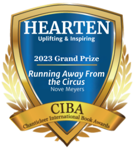 blue and gold badge recognizing Running Away From the Circus by Nove Meyers for winning the 2023 Hearten Grand Prize