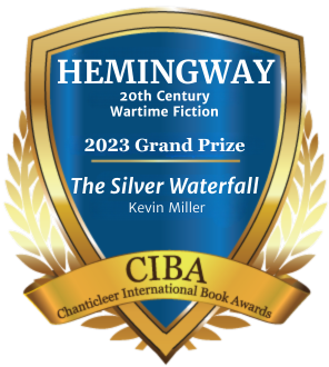 blue and gold badge recognizing The Silver Waterfall by Kevin Miller for winning the 2023 Hemingway Grand Prize