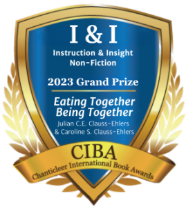 blue and gold badge recognizing Eating Together Being Together by Julian C E Clauss-Ehlers and Caroline S Clauss-Ehlers for winning the 2023 Instruction and Insight Grand Prize