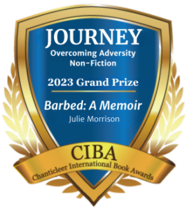 blue and gold badge recognizing Barbed: A Memoir by Julie Morrison for winning the 2023 Journey Grand Prize