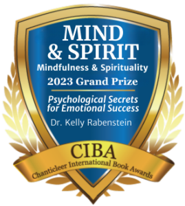 Blue and Gold badge recognizing Psychological Secrets for Emotional Success by Dr Kelly Rabenstein for winning the 2023 Mind and Spirit Grand Prize