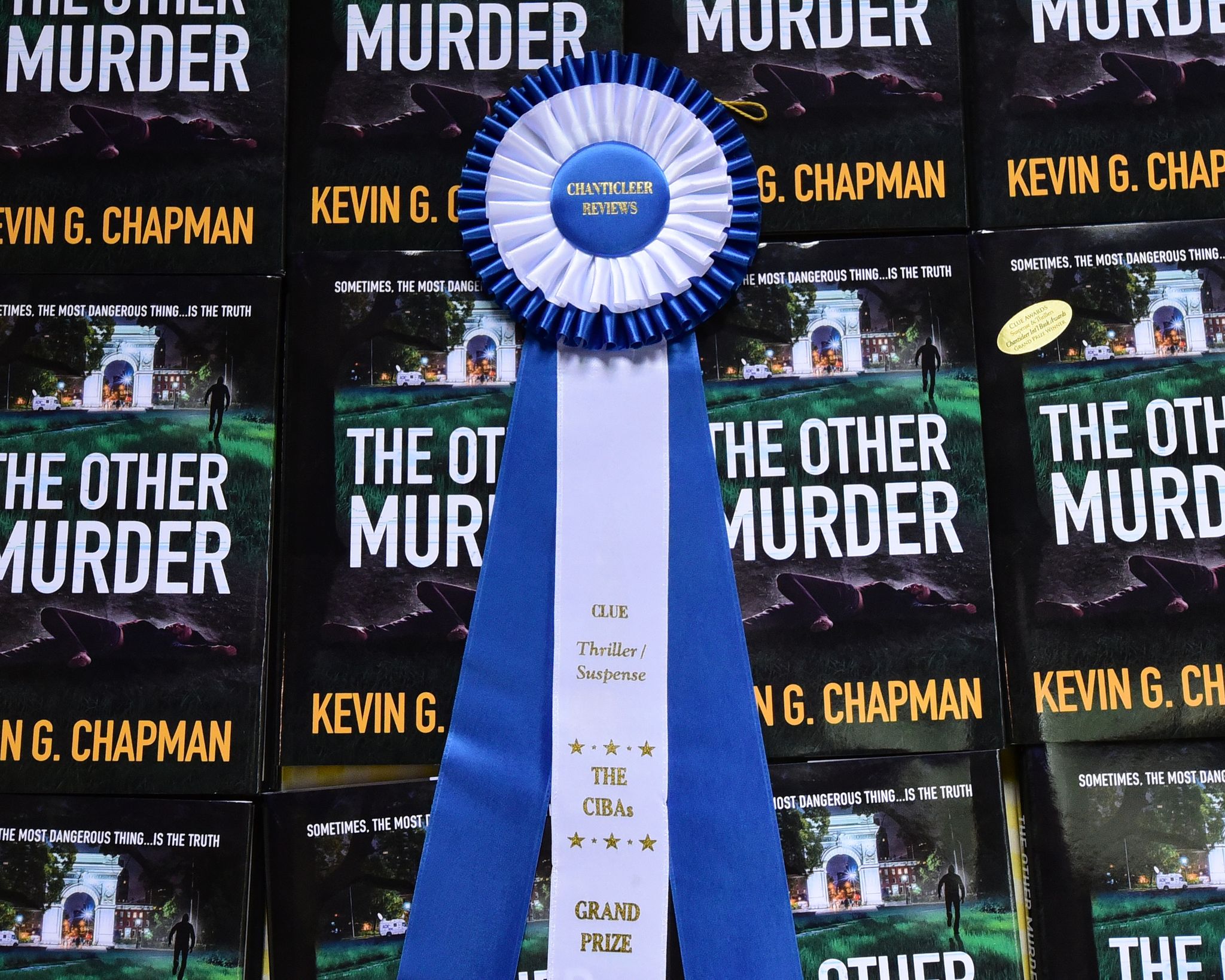 CIBA award, Clue division, grand prize, the other murder, bookshelves, blue and white ribbon, Chanticleer Book Review