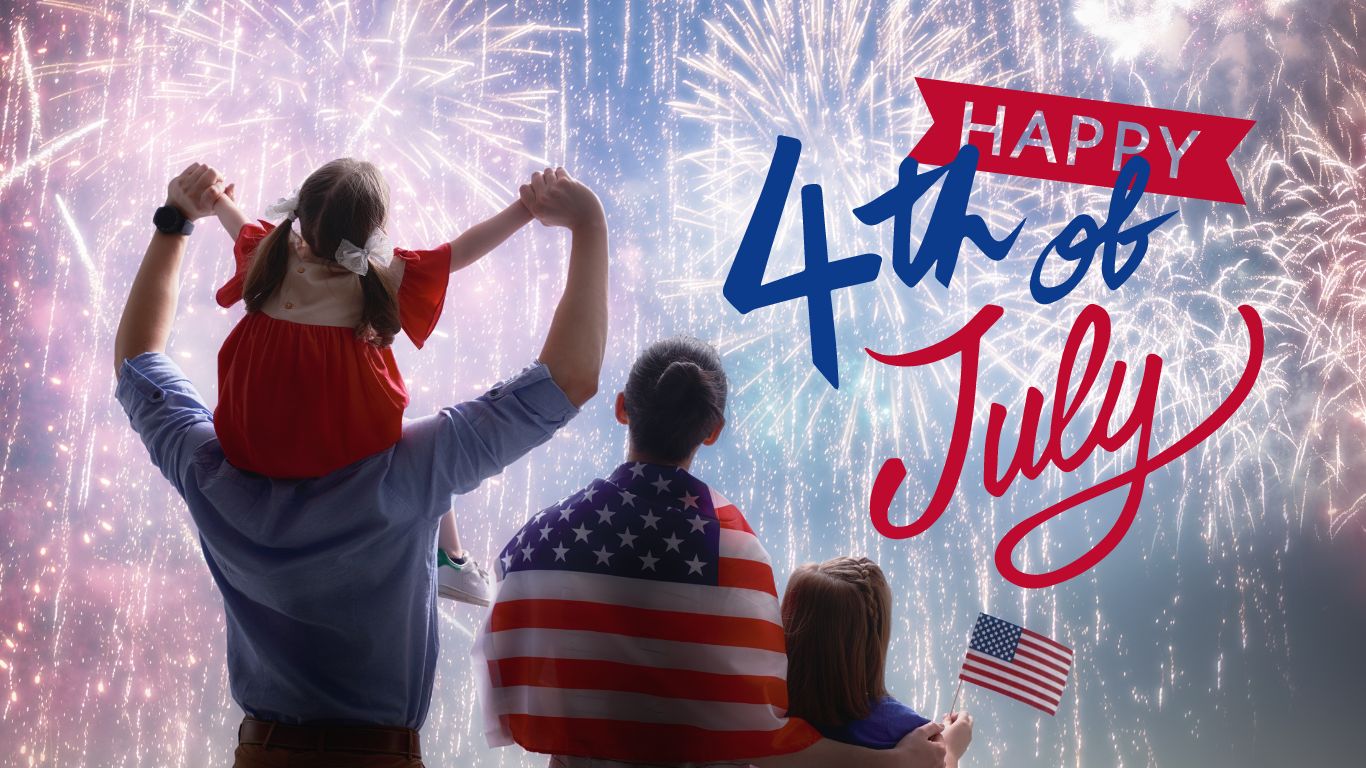 Fourth of July, Independence Day, fireworks, family, kids on dad's shoulders, american flag