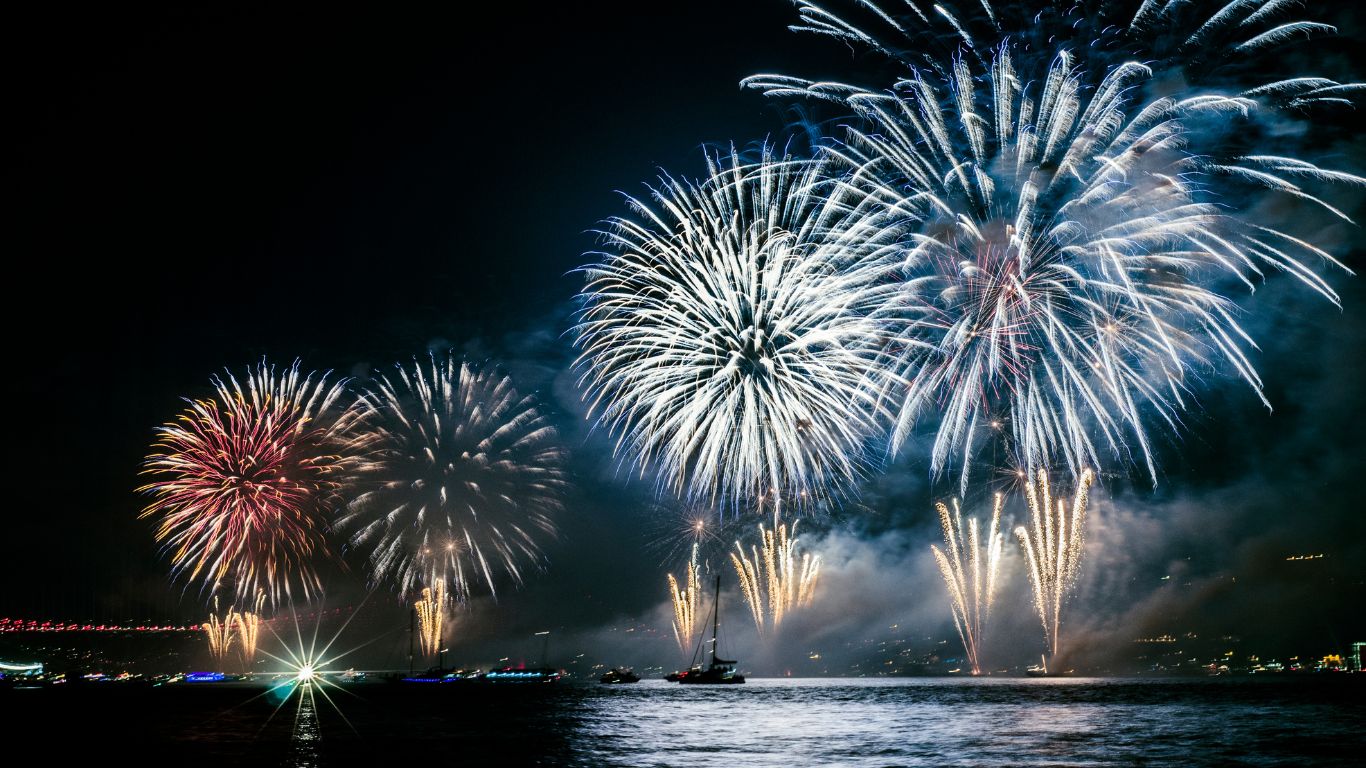 Fireworks, water, night, lights, lake, bay, sea