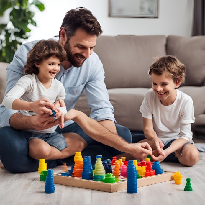 Father, son, daughter, playing, living room, floor, colors, games, couch, plant
