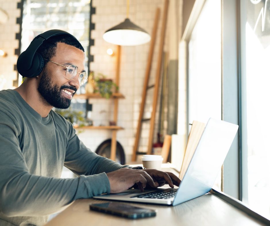 Headphones, man, beard, computer, phone, lamp, window