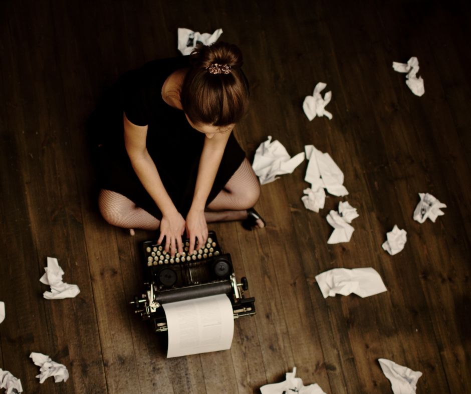 typewriter, woman, floor, paper