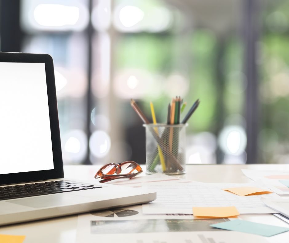 Pens, scissors, computer, monitor, paper, windows, outdoors, pencil cup