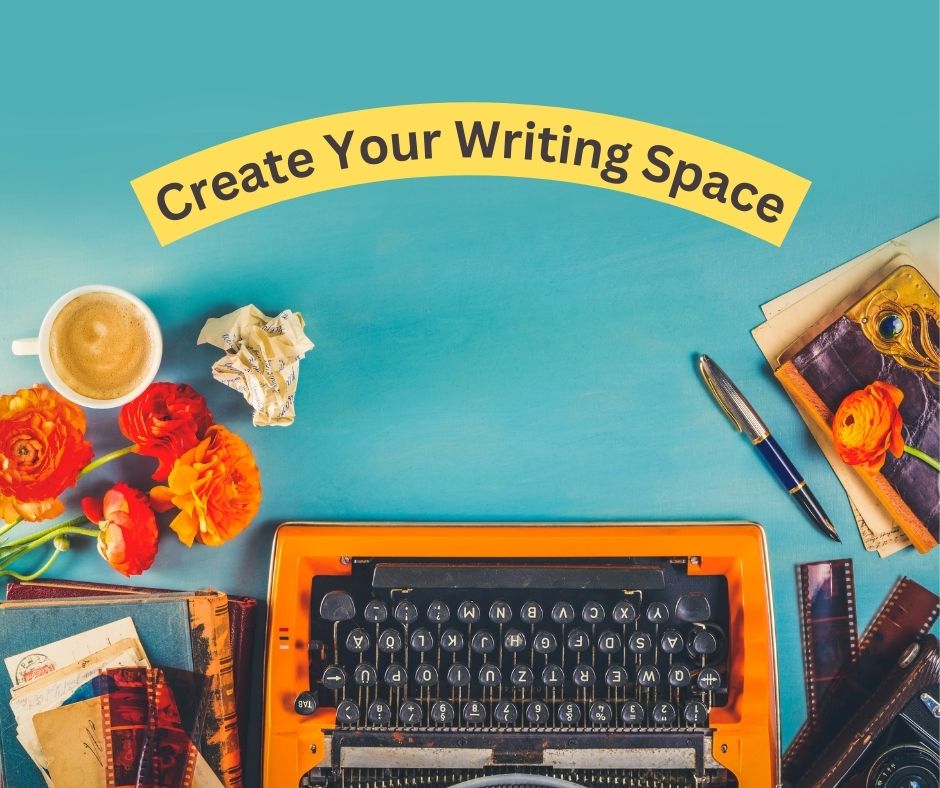 Orange, teal, typewriter, flowers, pen, books, flowers