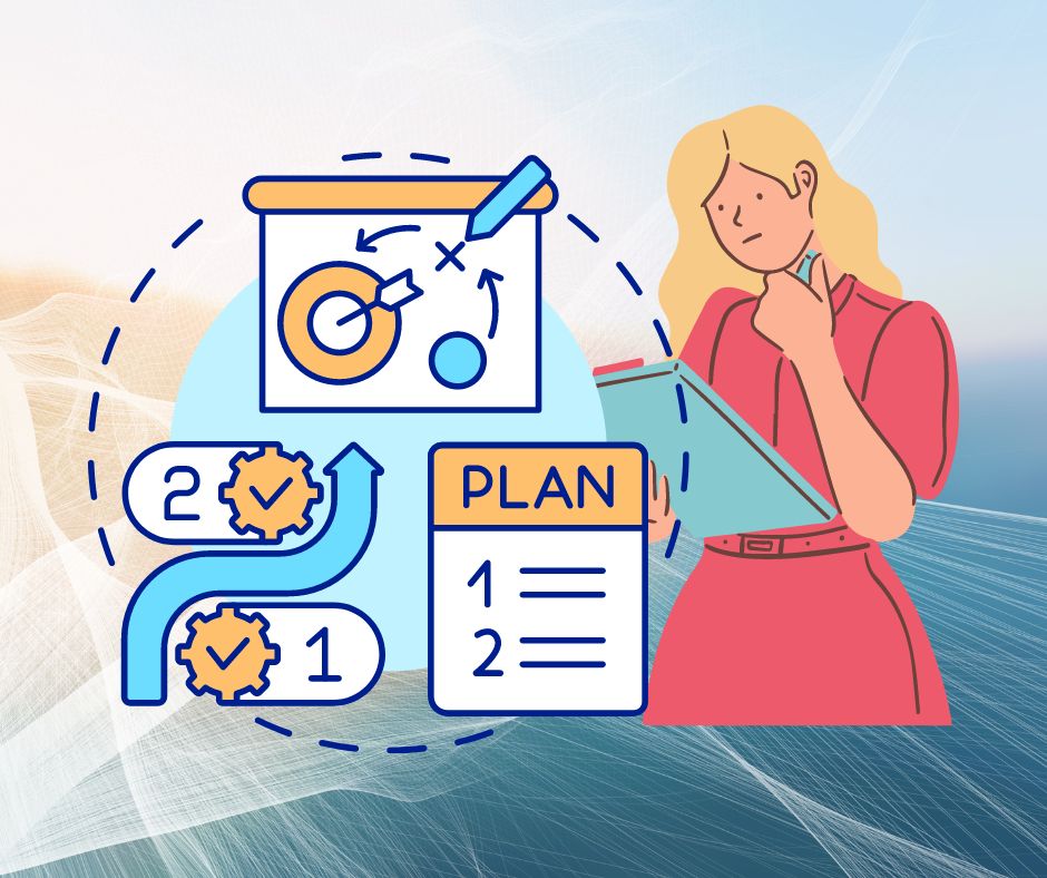 Woman, planning, pink, blue, orange