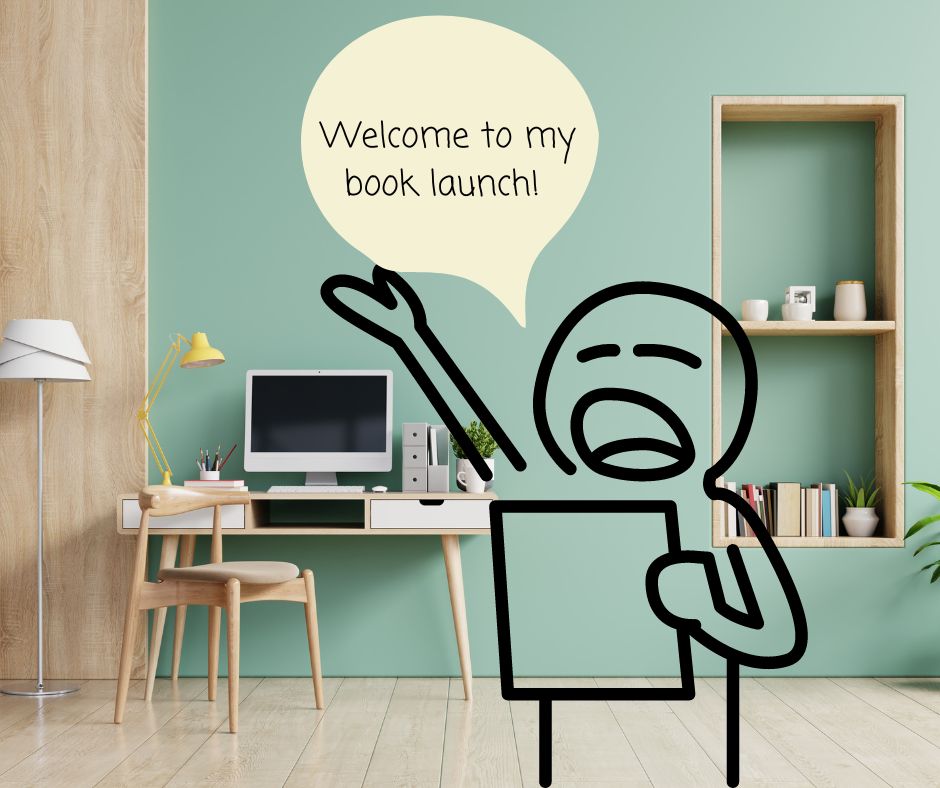 Home office, Welcome to my book Launch, stick figure, green, beige, modern, bookshelf, desk, chair, computer