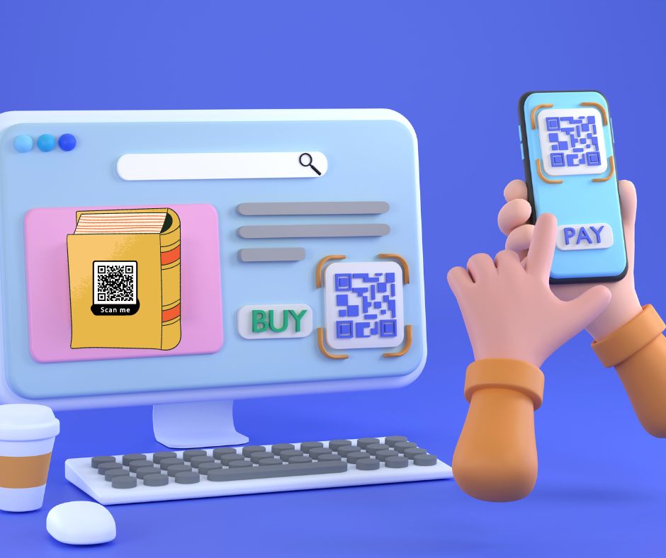 QR Code, book, computer, blue, display, hands, cartoon, cell phone