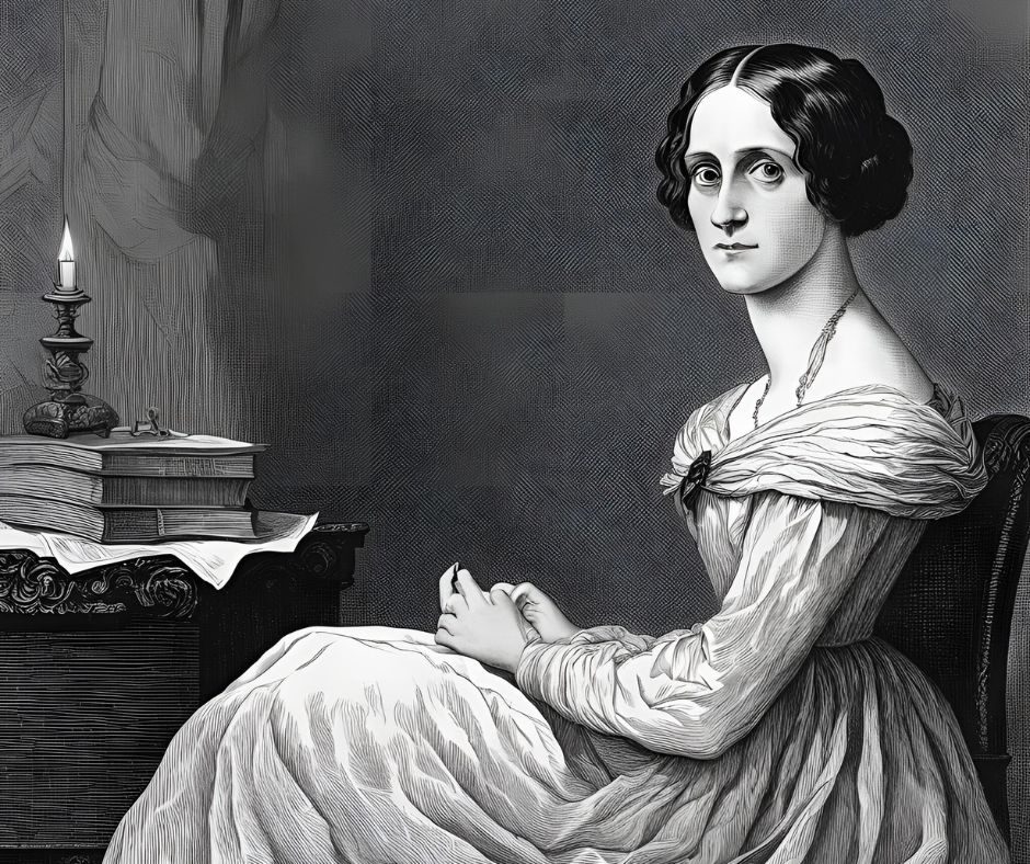 Mary Shelley, Horror, woman, sitting, hands on lap, dress, old, books, table