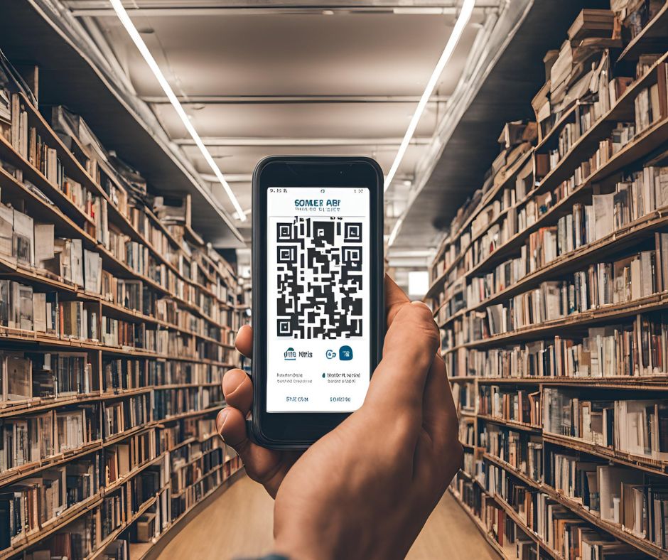 Qr code, books, bookshelves, hand