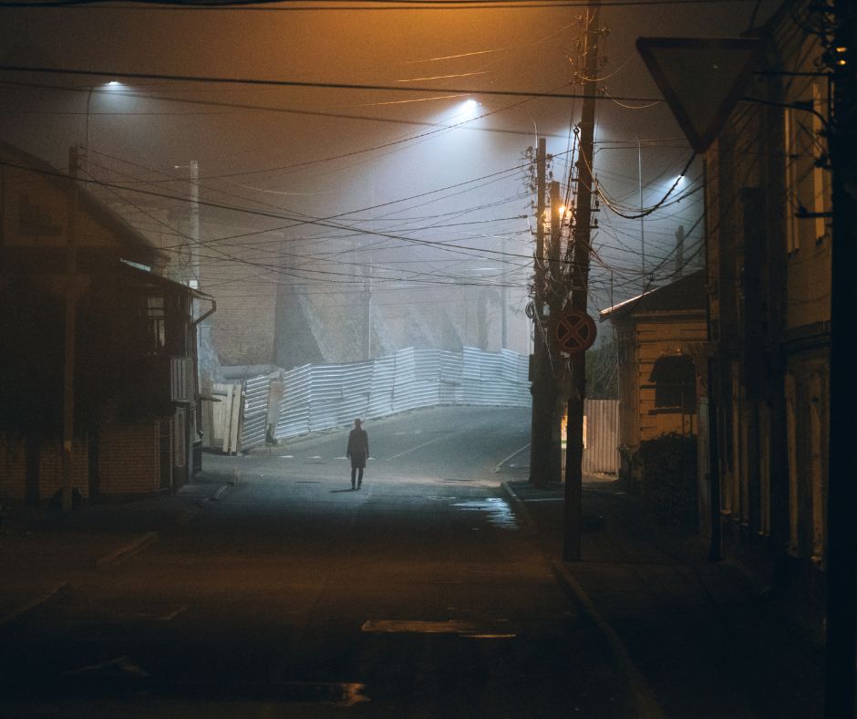 Foggy, street, lights, person, city, alley