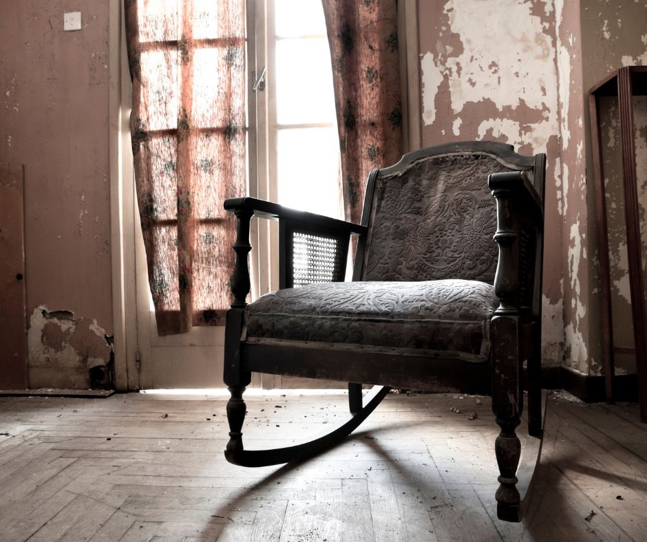 rocking chair, deserted house, chipped paint, door, window, curtain