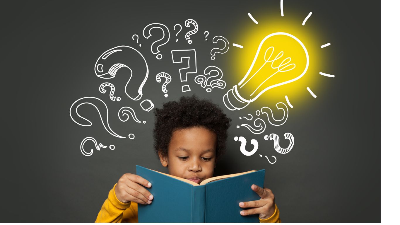 boy, reading, book, lightbulb, question mark 
