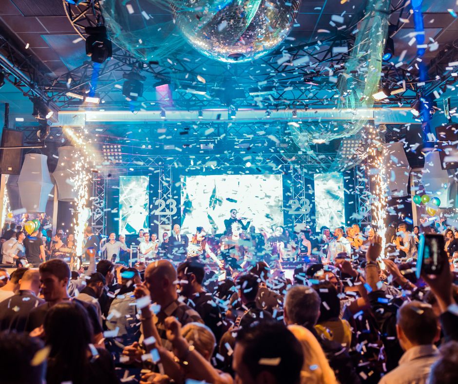 party, blue, glitter, disco ball, windows, people