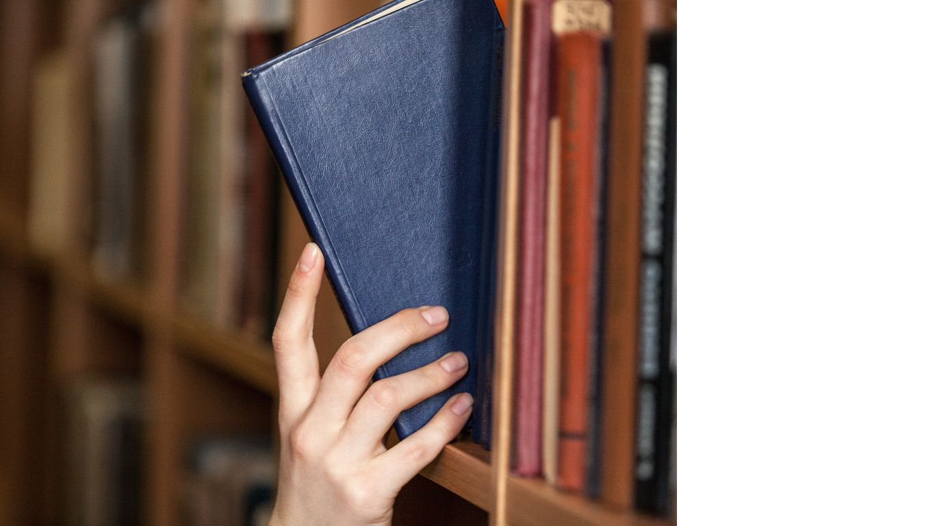 hand, book, bookshelves, blue 