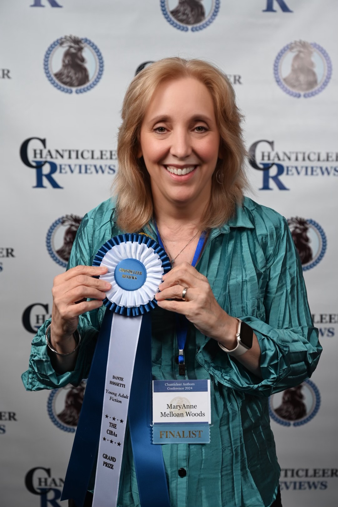 award, Maryanne Melloan Woods, CIBA, Chanticleer Book Reviews, green shirt, woman