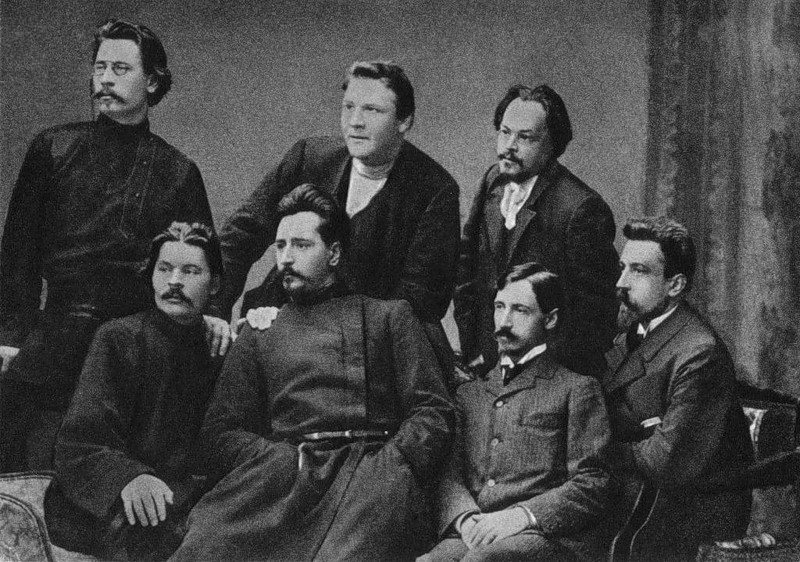 A black and white photo of seven Russian men, all of whom wrote banned books. 