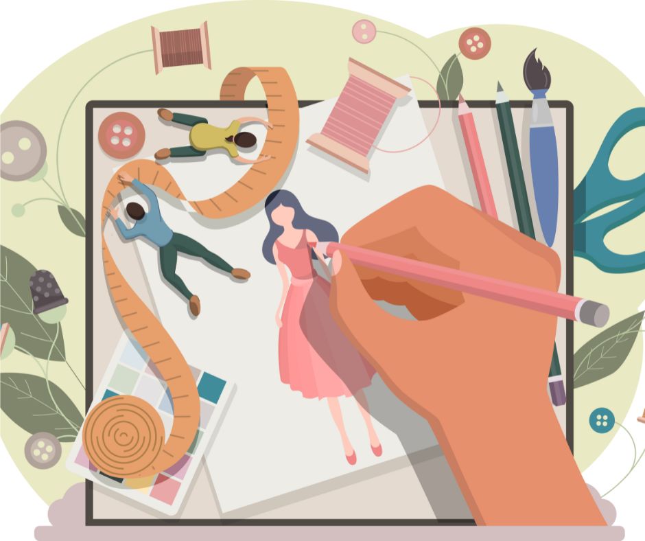 hand, design, measuring tape, thread, spool, button, paper, dress, woman, man, pencils