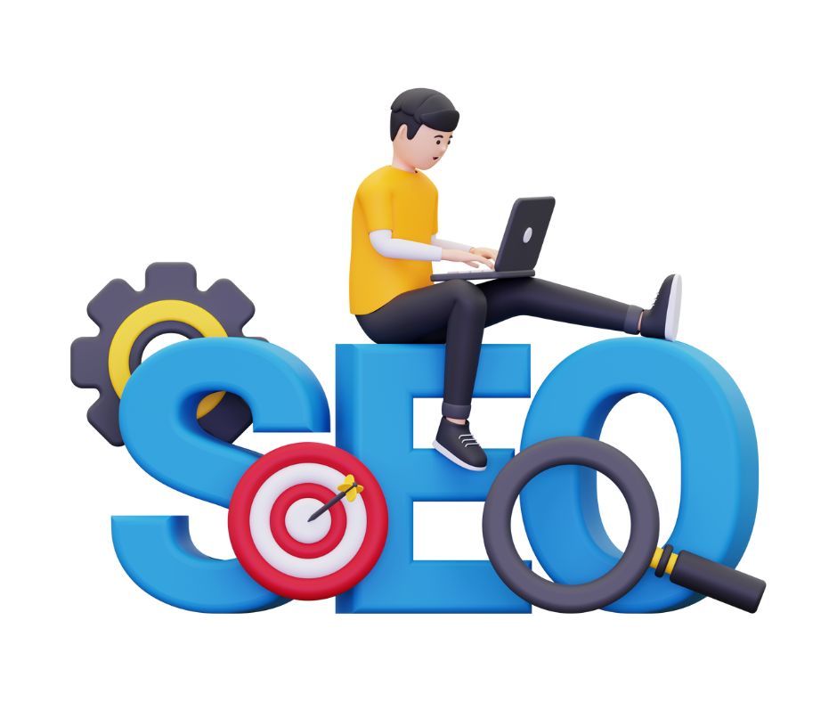 SEO, Man, computer, gear, magnifying glass, target, arrow
