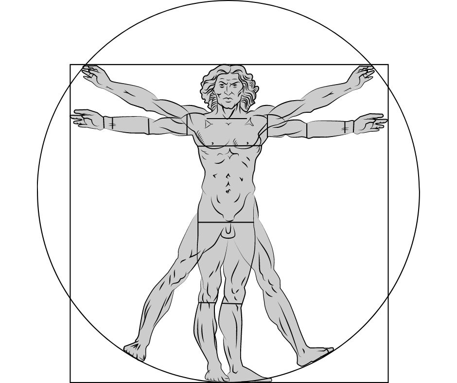 Vitruvian Man, leonardo da vinci, black, white, circle, square
