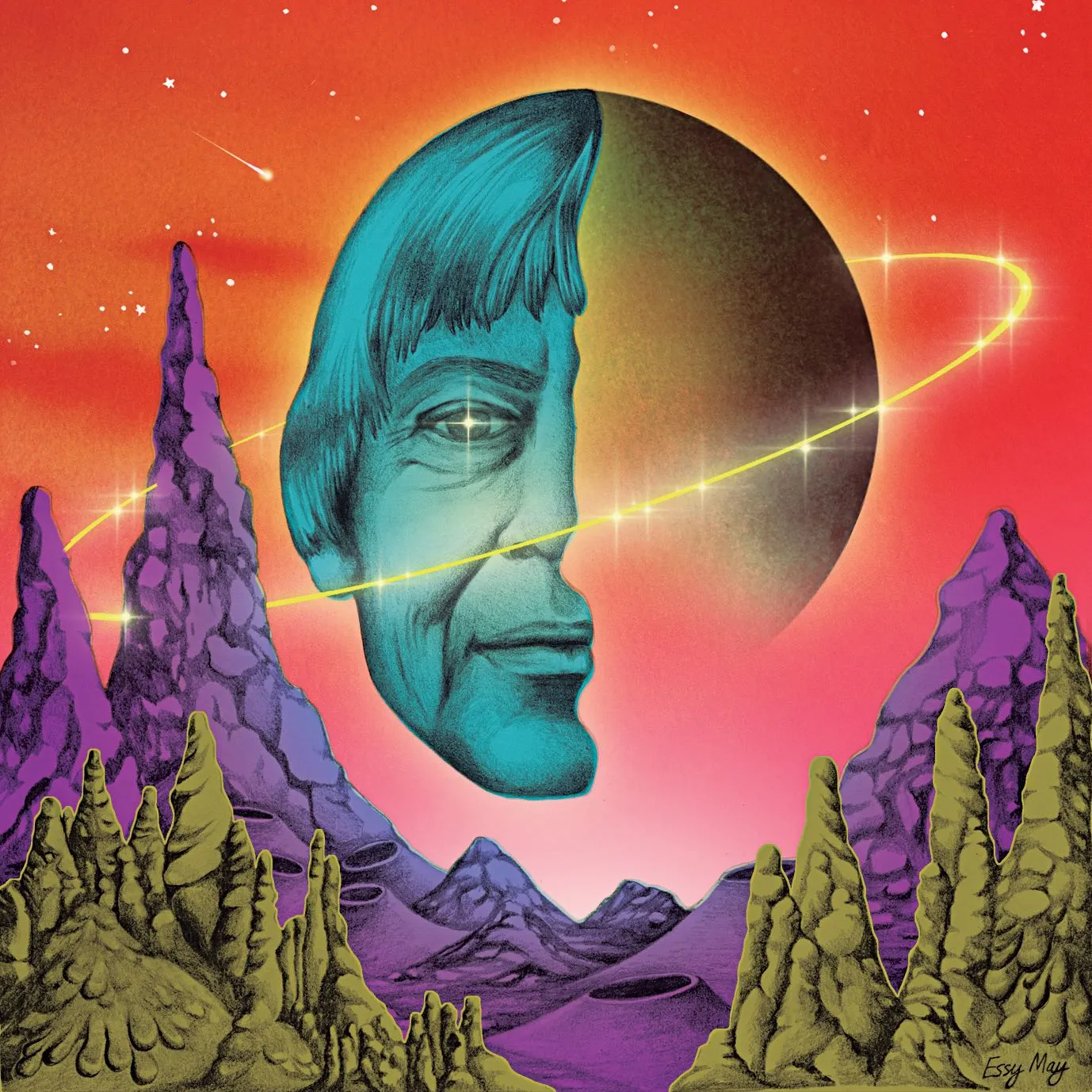 Futuristic world, planet, ursula le guin, purple, green, orange, mountains