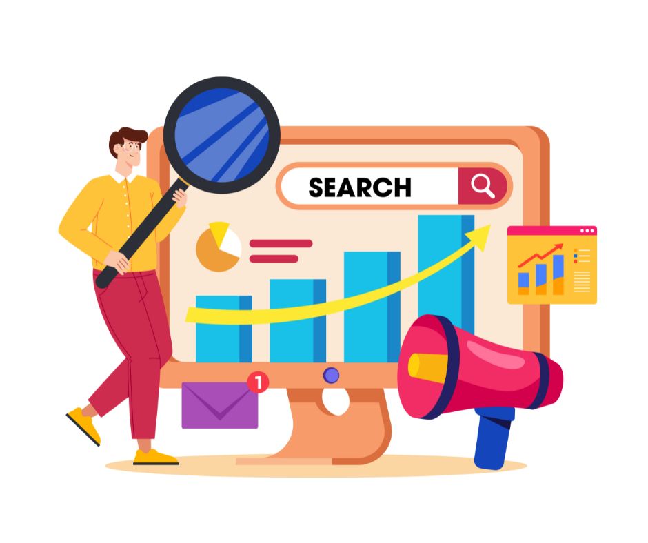 maginfying glass, man, graph, megaphone