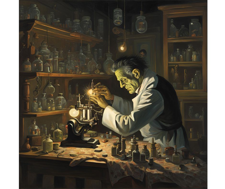 Mad science, scientist, lab, skulls, light