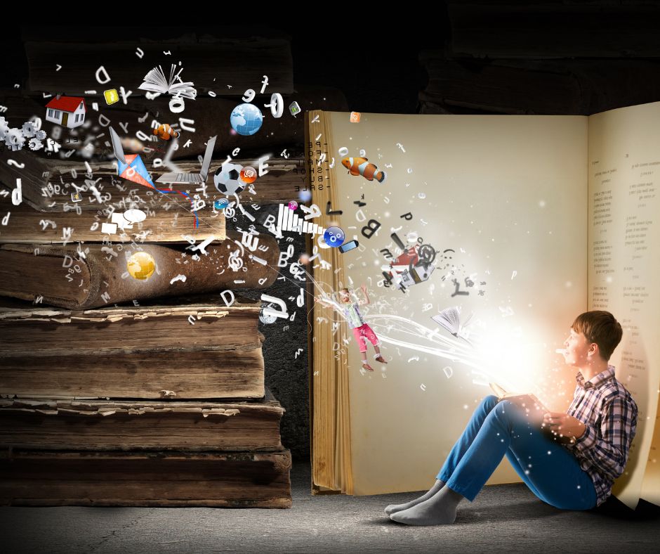 book, flying, squatting, man