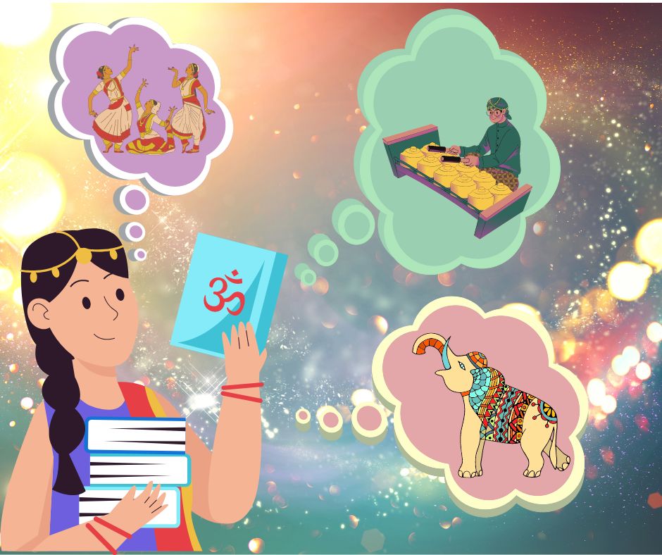 Indian, girl, thought bubbles, elephant, man, dancers, books