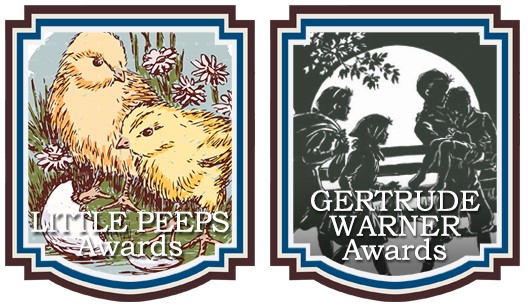Badges for the Little Peeps and Gertrude Warner Awards featuring little chicks and the Boxcar Children respectively.