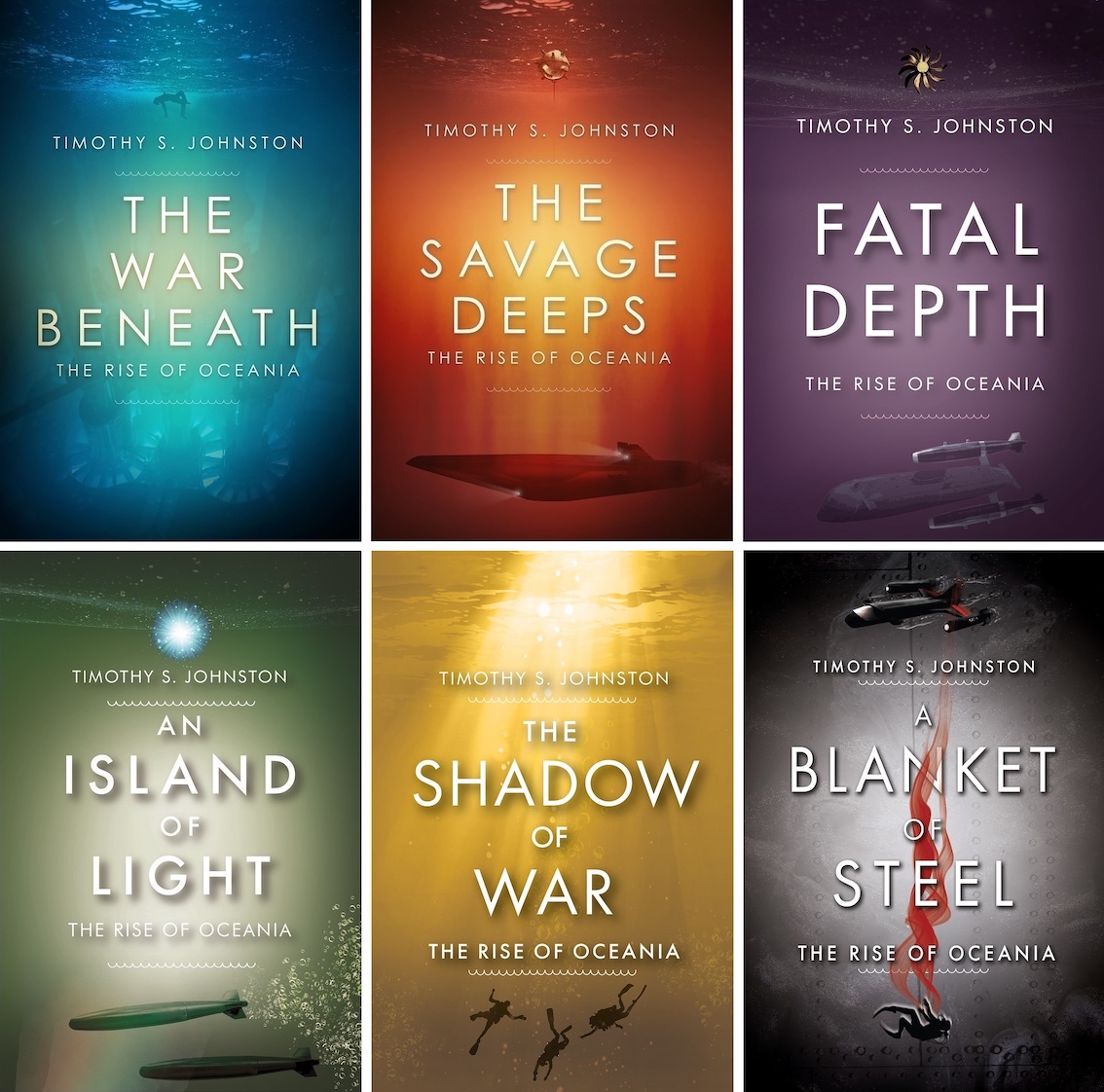 The Rise of Oceania, books, covers, Island of light, shadow of war, the war beneath, fatal depth, blanket of steel, the savage deeps
