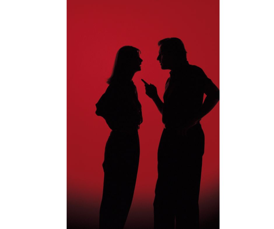 red, black, two people, man, woman