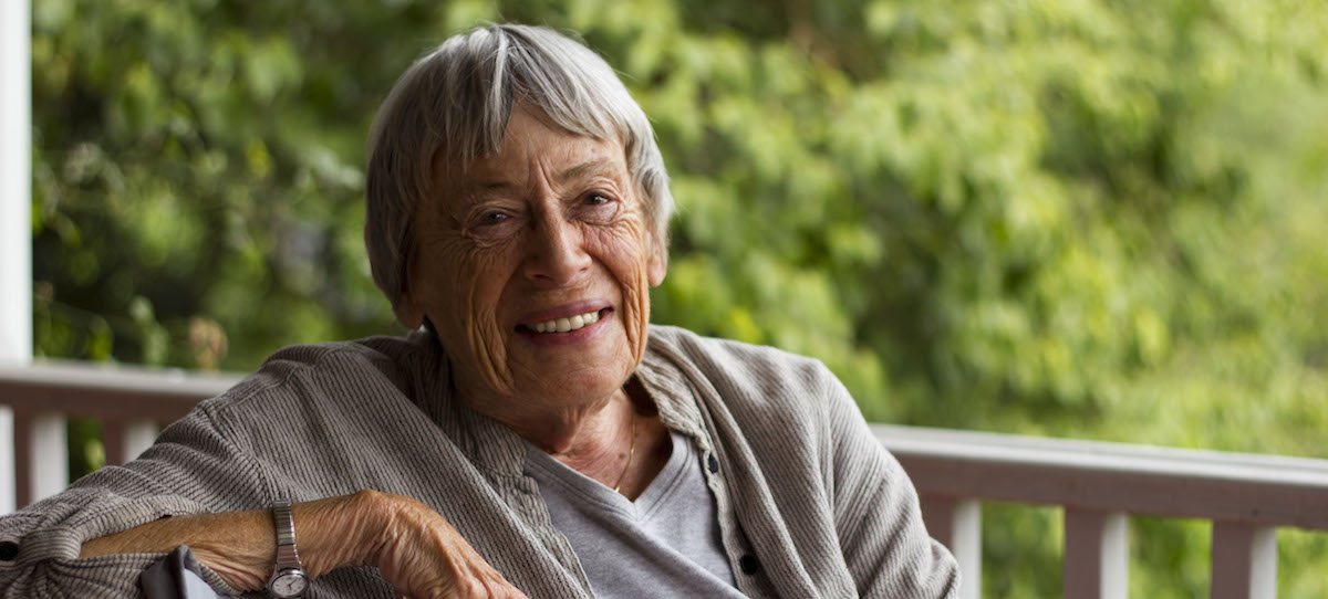 Ursula Le Guin, bushes, woman, old, banister