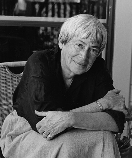 Ursula Le Guin, Books, sitting, woman, old, black, white