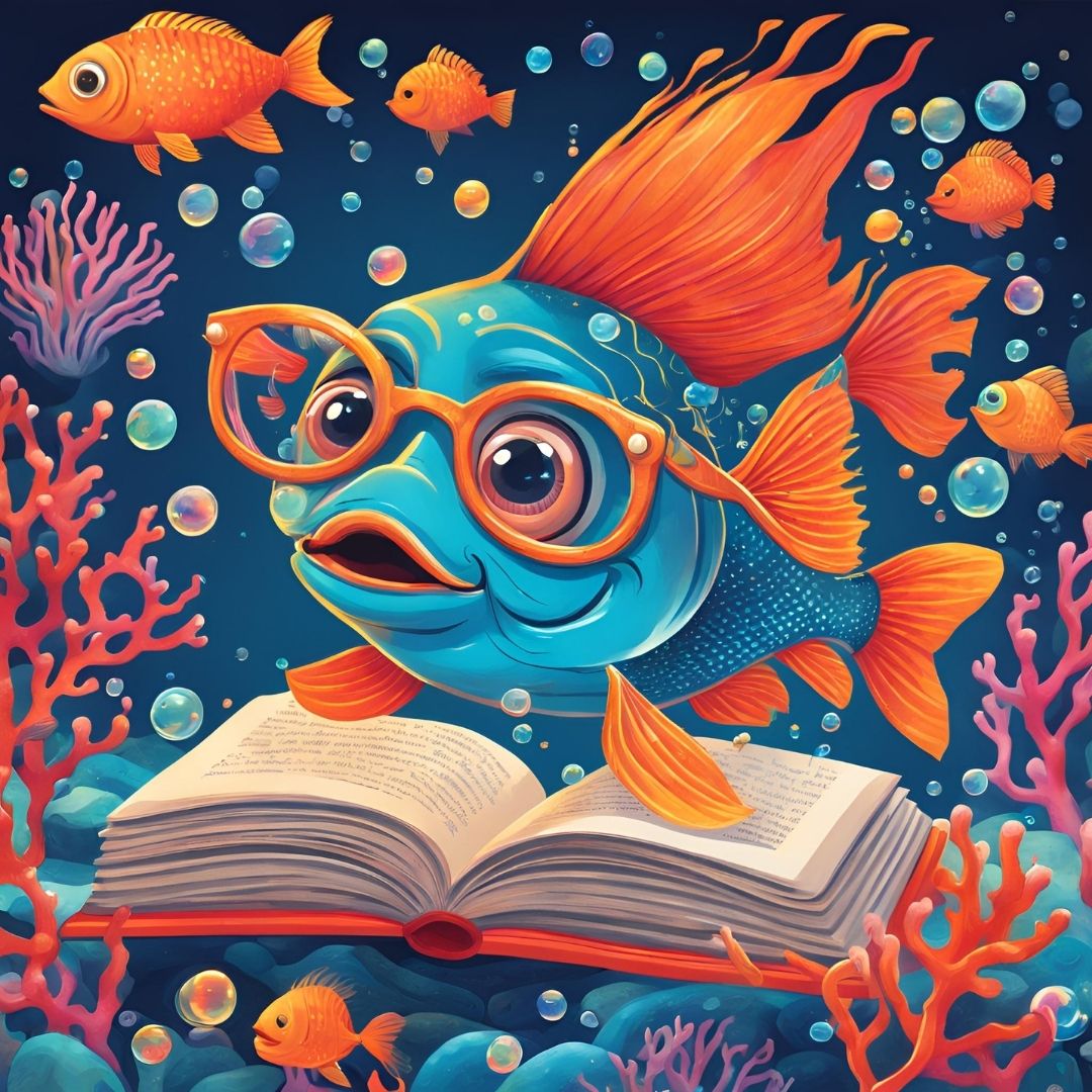 Fish, book, glasses, orange, blue
