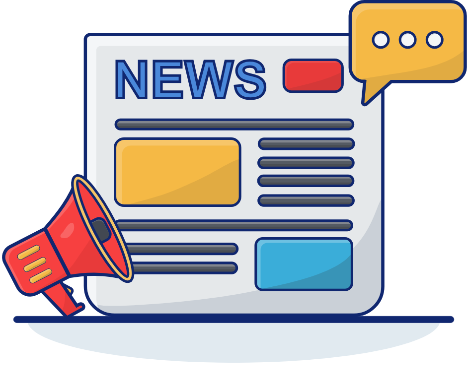 Newsletter, white, yellow, red, blue, black, megaphone