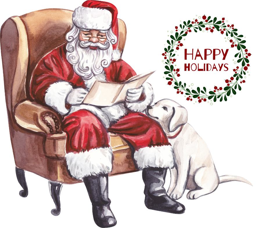 Santa, reading, dog, happy Holidays