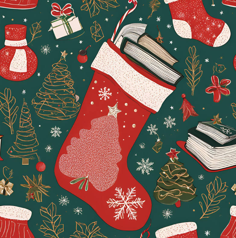 Christmas stocking, tree, books, green, red
