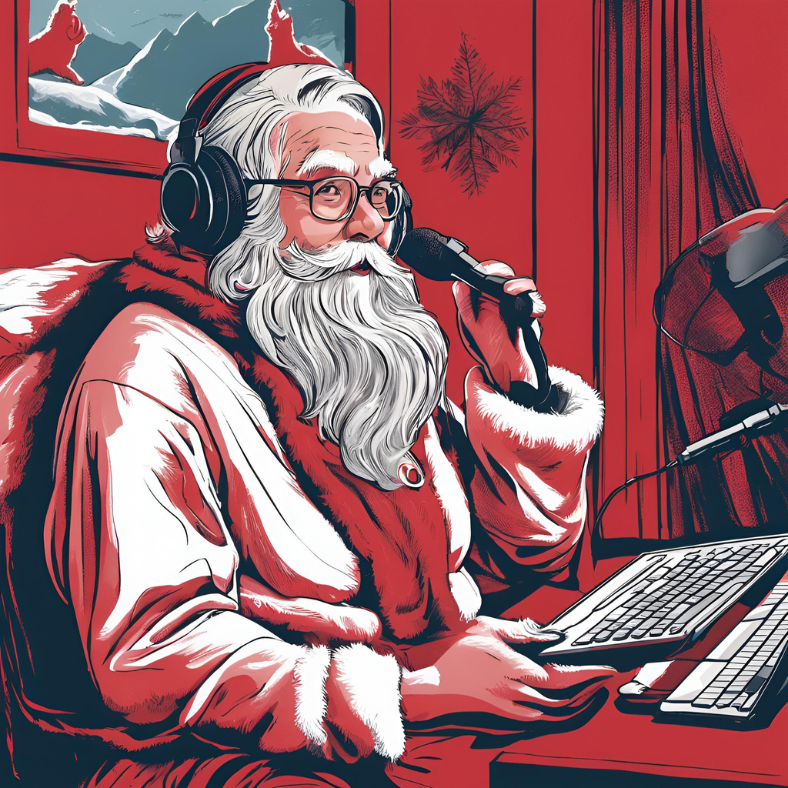 Santa, red, white, podcasting, keyboard