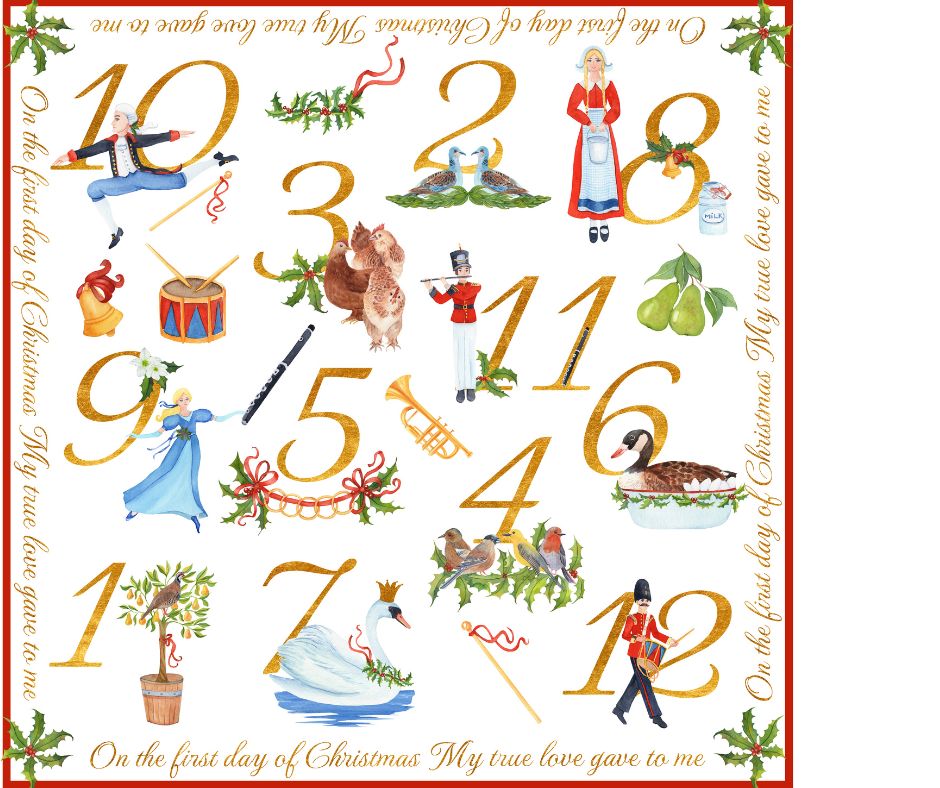 Twelve Days of Christmas, Christmas, numbers, gold ring, drummer, dancing, tree, partridge, geese, maids, leaping, lords, hens, birds, turtle doves