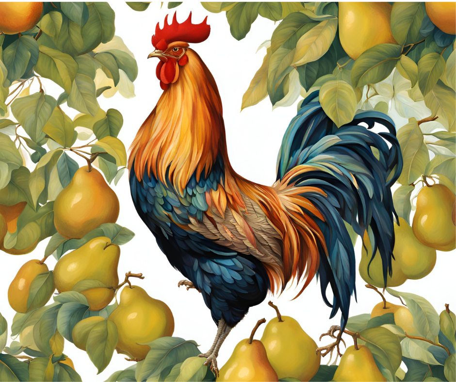 rooster, pears, leaves, tree