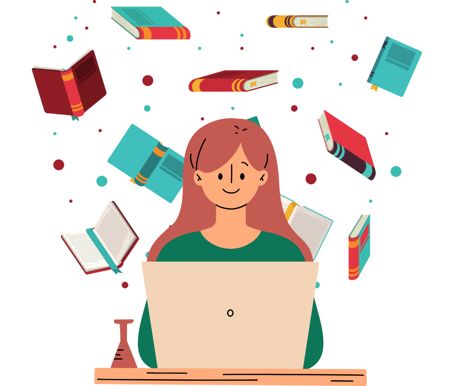 books, woman, computer, laptop, desk