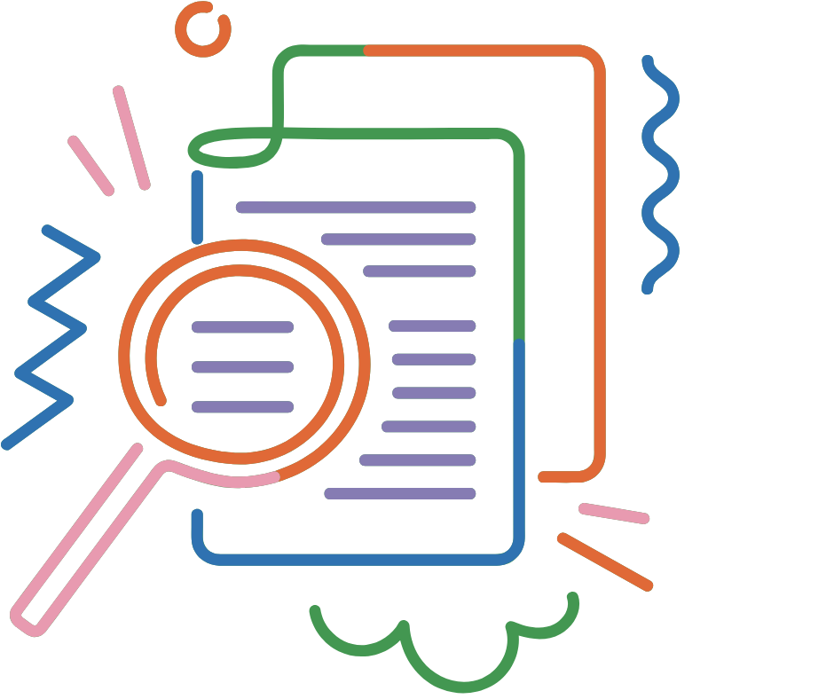 Magnifying glass, paper, graphics, red, green, blue, orange