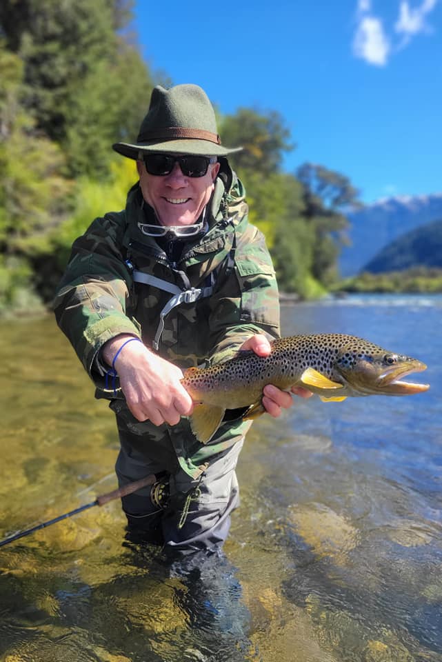 Trout, Pantagonia, camouflage, hat, man, blue thread, riverbank