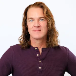 J.D. Barker, long hair, man, purple, shirt