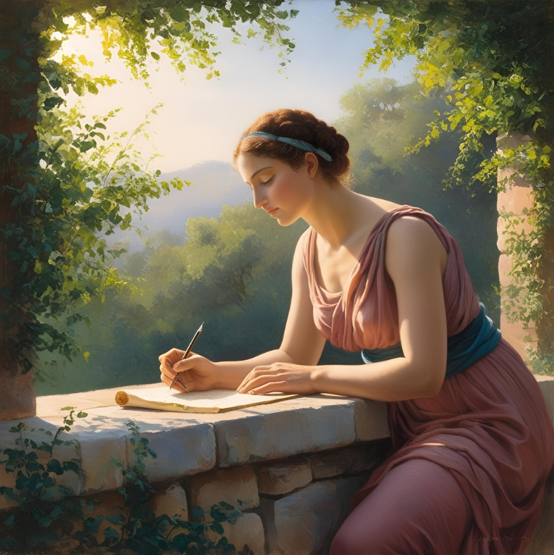 Woman, writing, porch, columns, trees